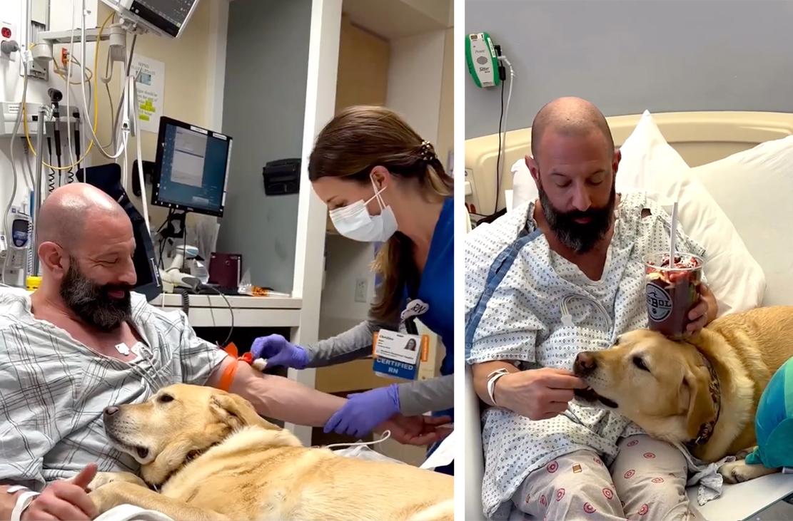  Magnus comforts his ailing owner, Brain Benson, in the hospital in late January 2023. (Courtesy of Brian Benson and <a href="https://www.instagram.com/magnusthetherapydog/">magnusthetherapydog</a>)