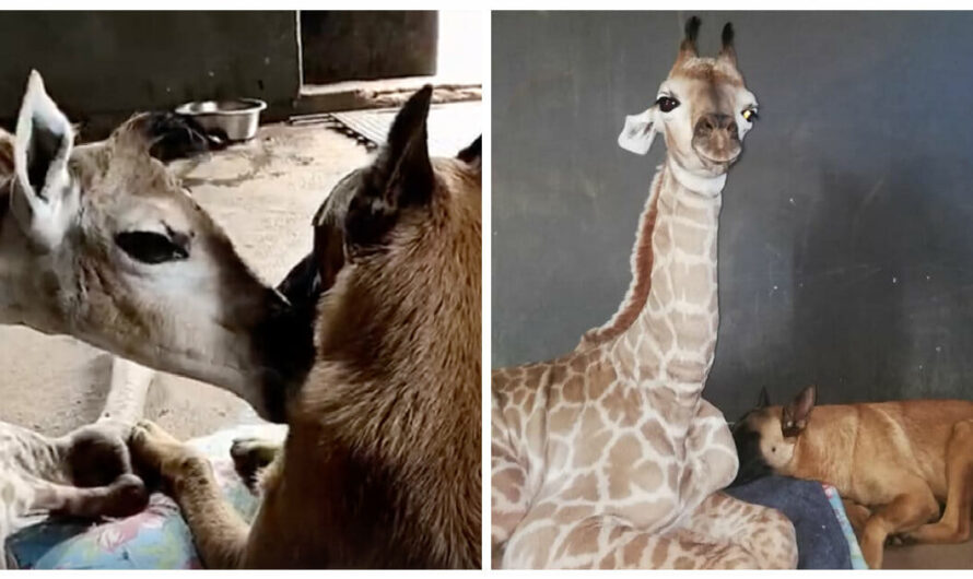 Guard dog becomes best friend and protector to abandoned baby giraffe